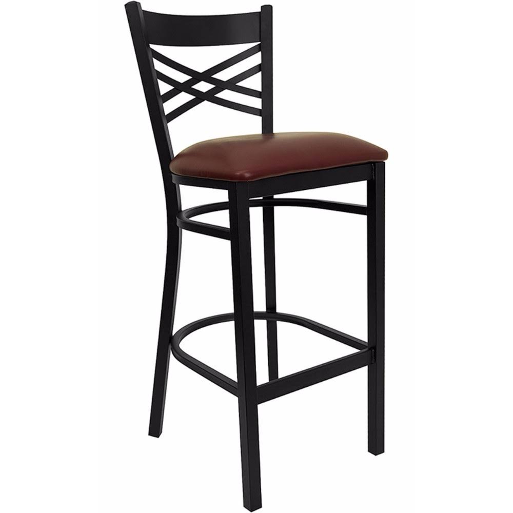 Offex Black ''X'' Back Metal Restaurant Bar Stool - Burgundy Vinyl Seat