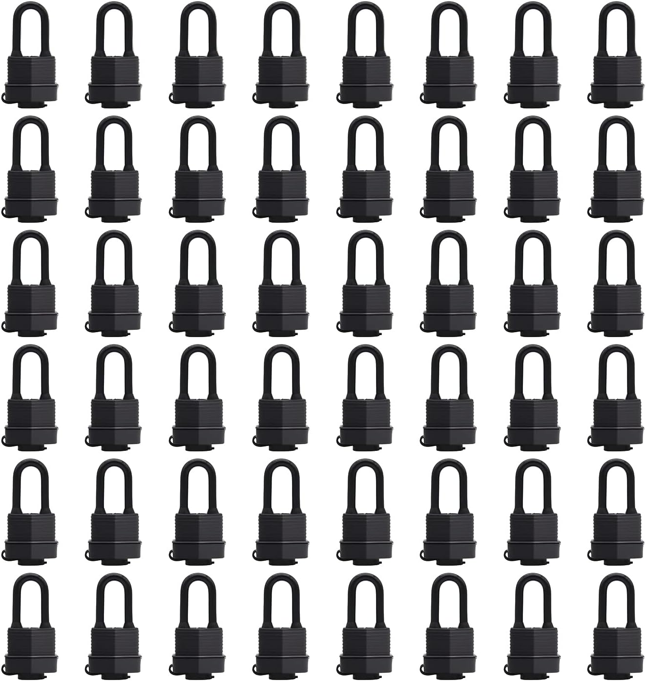 FIGODE Waterproof Padlocks Keyed Alike for Outdoor use, Heavy Duty Laminated Steel Lock Body with Plastic Covered, 1-9/16 Inch. Wide, Long Padlock, Pack of 48