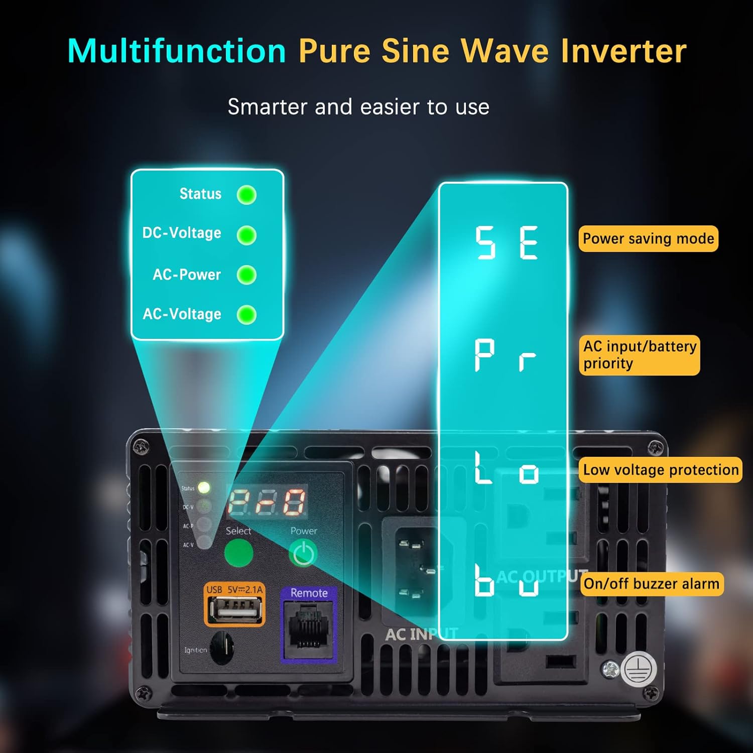 CAPTOK Pure Sine Wave Power Inverter 1000W, with Automatic Transfer Switch DC 12V to AC 110V 120V Dual AC Outlets LED Display 2.1A USB Remote Control Voltage Transformer Power Converter Solar Inverter