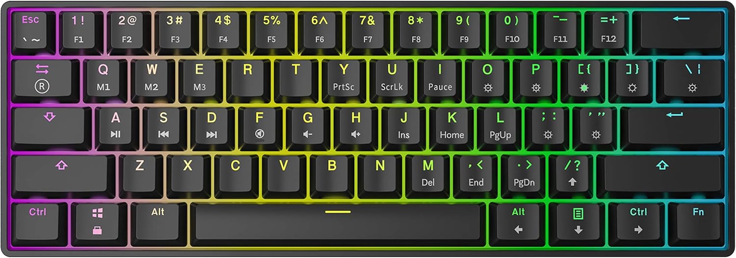 HK GAMING GK61 Mechanical Gaming Keyboard - 61 Keys Multi Color RGB Illuminated LED Backlit Wired Programmable for PC/Mac Gamer (Gateron Optical Brown, White)
