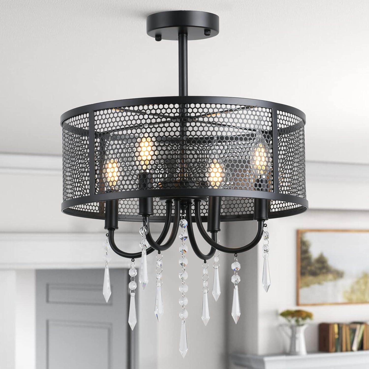Industrial Candle Ceiling Light Farmhouse Chandelier 6 Light Rustic Lighting Fixture for Dining Room Living Room Kitchen Island Foyer Bedroom Pendant Lighting, Black