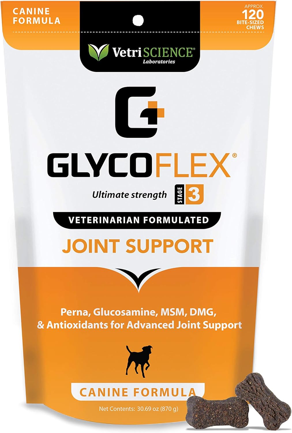 VETRISCIENCE Laboratories - Glycoflex 3 Hip & Joint Support for Dogs, with Glucosamine, DMG, MSM & Green Lipped Mussel. 120 Bite Sized Chews Pack of 2