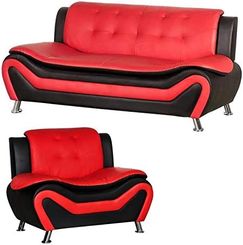 2 Piece Living Room Set with 2 Tone Sofa and Armchair in Black/Red