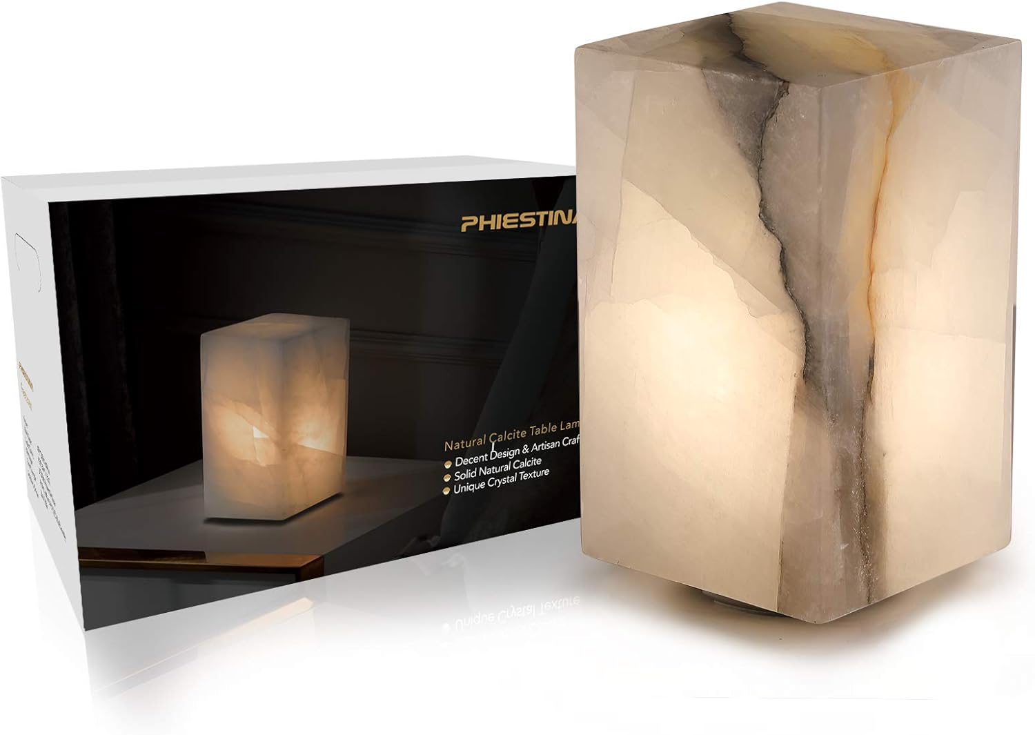 Handcrafted Calcite Table Lamp, One-of-a-Kind Crystal Pattern Each, Dimmable Warm LED Bedside Lamp, Unique Lamp for Living Room Bedroom by Phiestina, Cuboid White