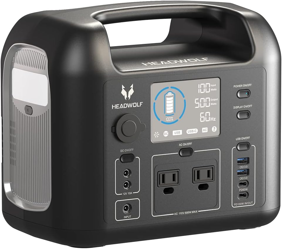 Headwolf D500 Portable Power Station, 518Wh LiFePO4 Battery Backup,110V/500W AC Outlets 9-Ports Outdoor Generator,PD100W in/Out Put Solar Generator for Camping, Outdoors,Home Blackout