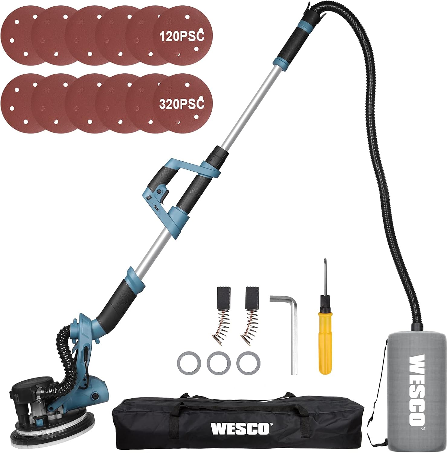 WESCO Drywall Sander 750W Electric Wall Sander with Dust Hose Auto Vacuum System 6 Variable Speed Extendable Aluminum Handle LED Light Dust Collection Bag 12-Piece Sanding Discs