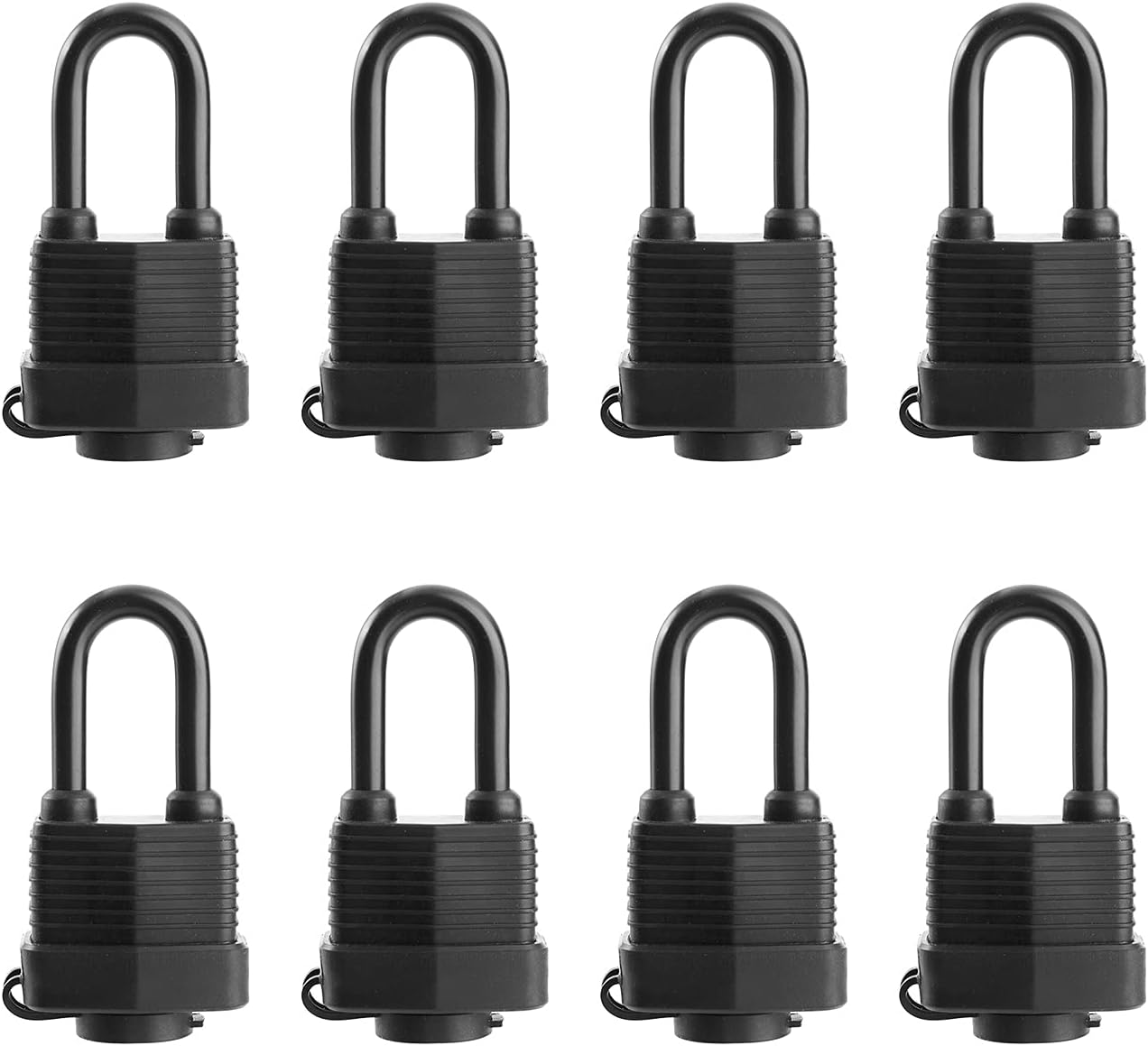 Waterproof Padlocks Keyed Alike for Outdoor use, Heavy Duty Laminated Steel Lock Body with Plastic Covered, 1-9/16 Inch. Wide, Long Padlock, Pack of 8