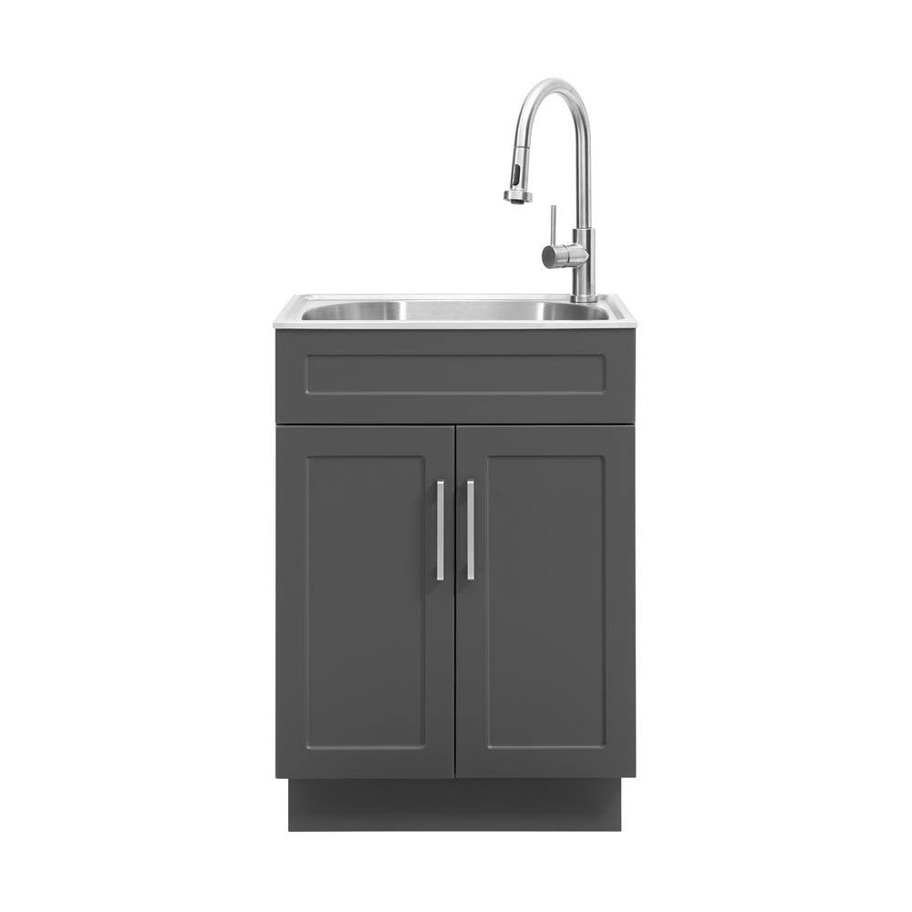Glacier Bay All-in-One 24.125 in. x 21.375 in. x 35 in. Stainless Steel Laundry Sink with Faucet and Dark Gray Storage Cabinet