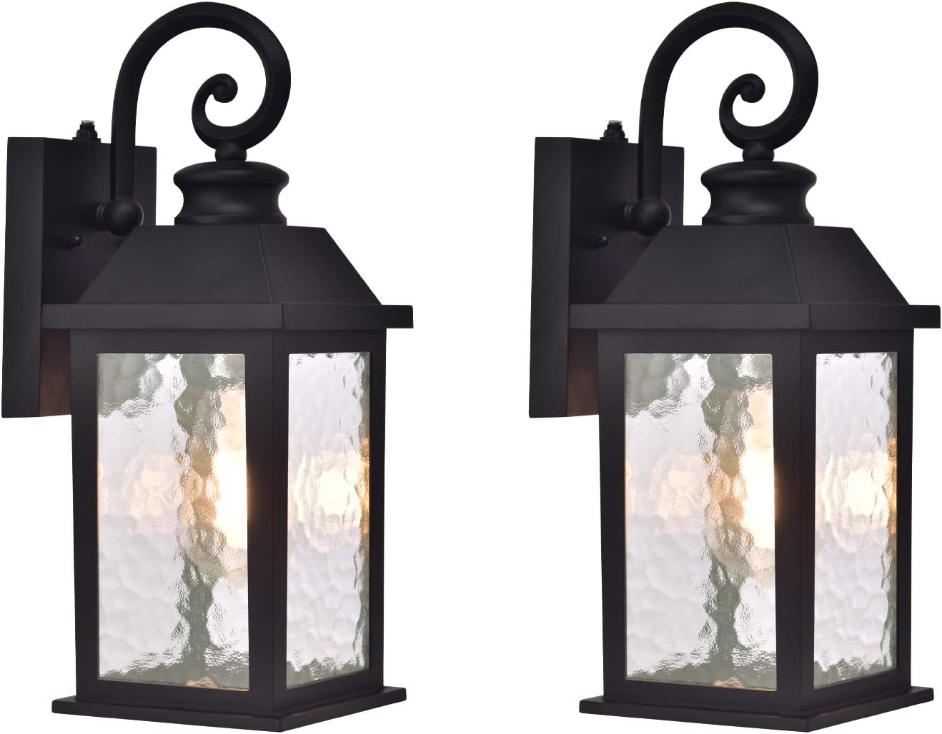 Dusk to Dawn Outdoor Wall Lantern Porch Light Exteriors House Lights Wall Mount Waterproof Anti-Rust Modern Black Sconce Small for Patio Light Fixtures with Water Rippled Glass 2pc (Bulb Not Included)