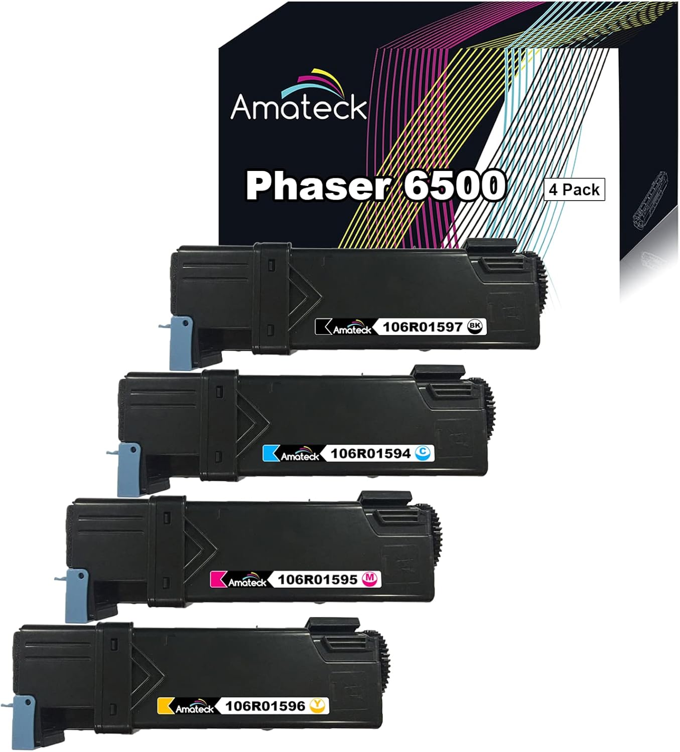 Amateck Compatible Toner Cartridge Replacement for Xerox 106R01594 106R01595 106R01596 106R01597 4 Pack for Phaser 6500, Phaser 6500/DN, Phaser 6500N, WorkCentre 6505