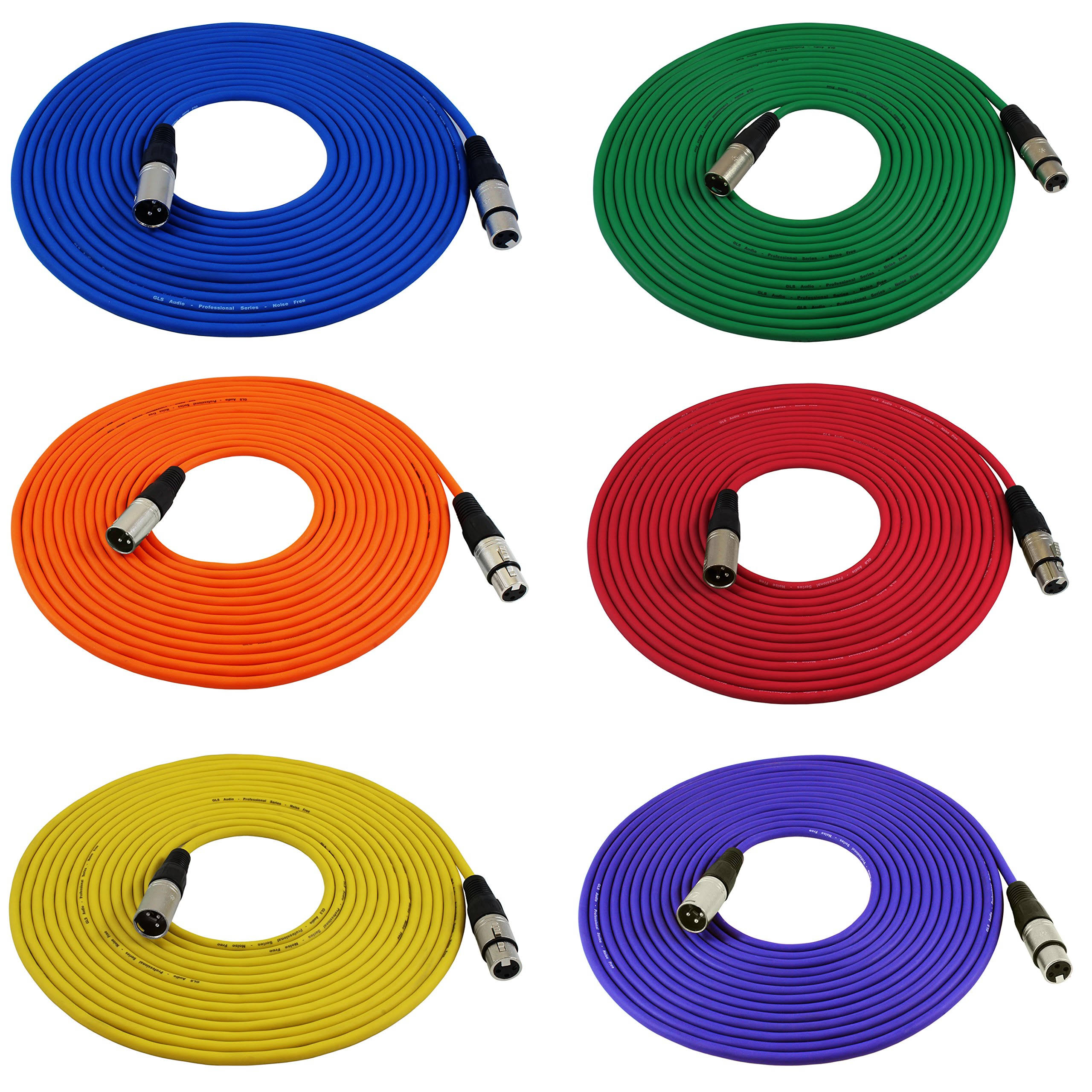 GLS Audio 25ft Mic Cable Cords - XLR Male to XLR Female Colored Cables - 25& Balanced Mike Cord - 6 Pack