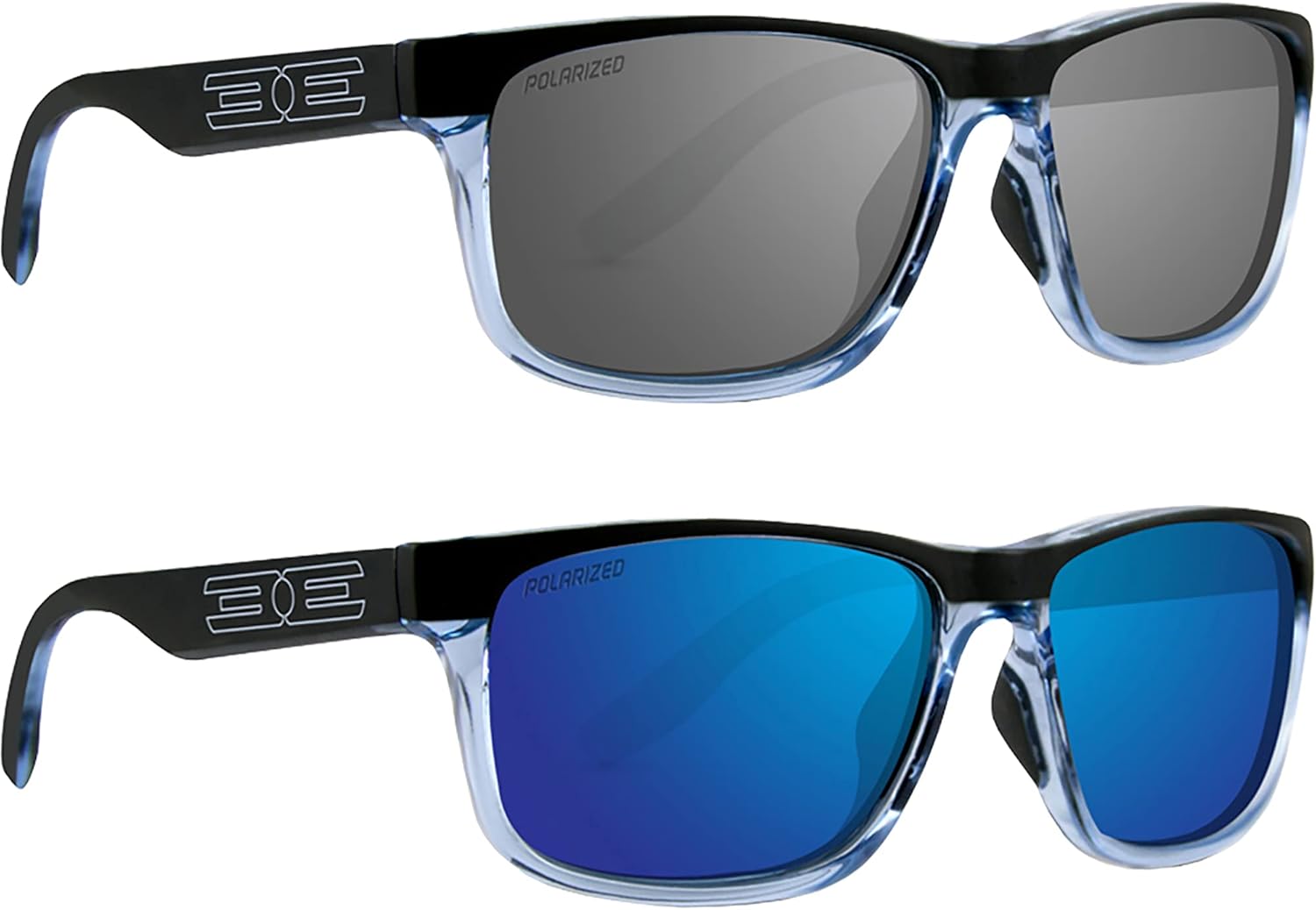 2 Epoch Eyewear Delta Sunglasses Crystal Blue Black Frame Smoke Lens Blue Mirror Lens