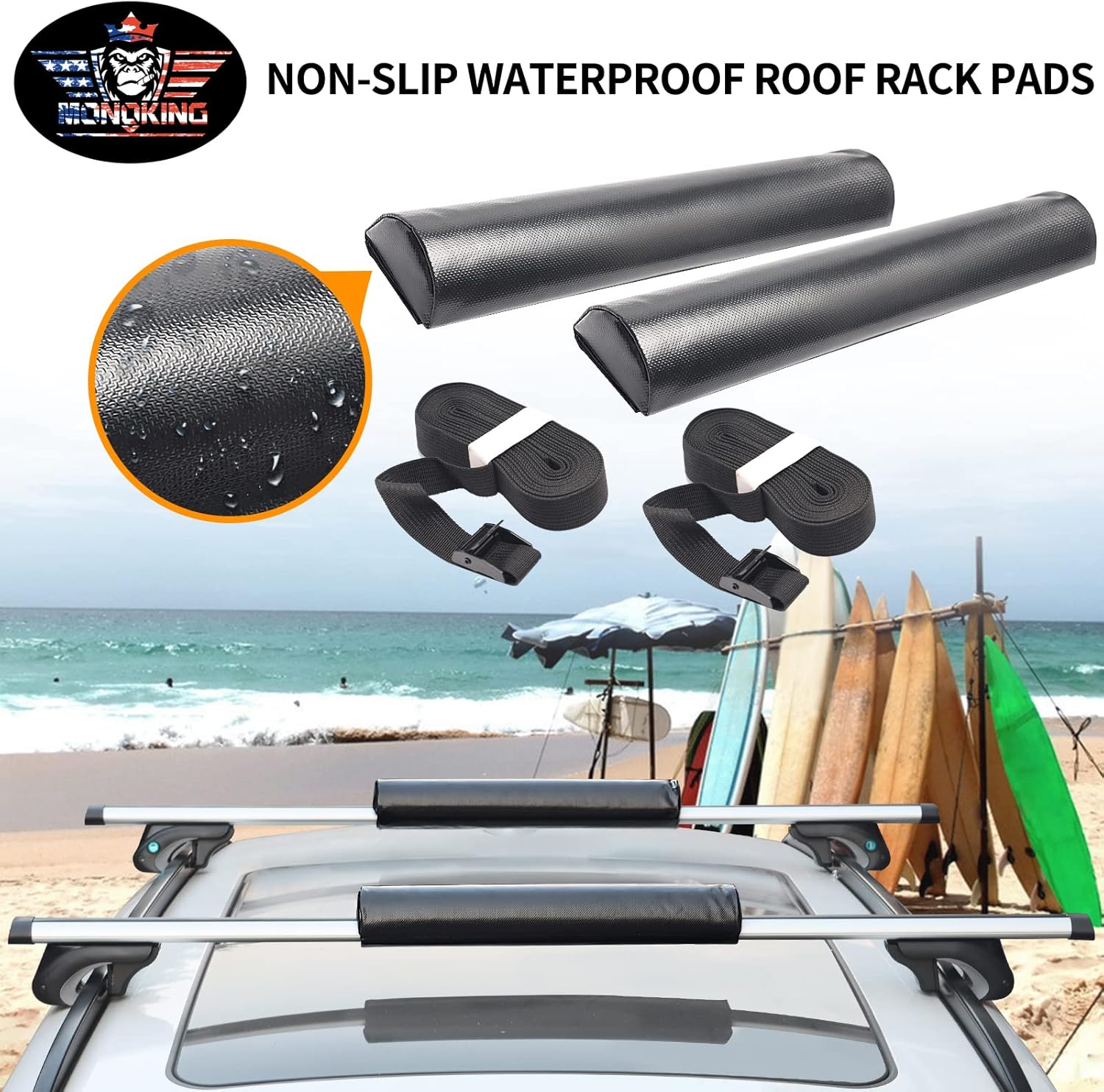 Roof Rack Pads, MONOKING 19'' Aero Crossbar Pads with Straps Surfboard Rack Pads Anti-Slip Waterproof Universal Foam Soft Roof Rack Pads for Kayak Paddle Board Pack of 2