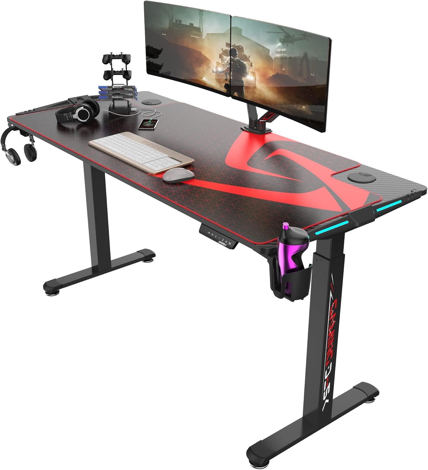It's_Organized 65 inch Electric Height Adjustable Gaming Standing Desk,Dual Motor Sit Stand Up Home Office Desk with RGB LED Lights & Full Desk Mouse Pad,Smart Memory Preset,Black
