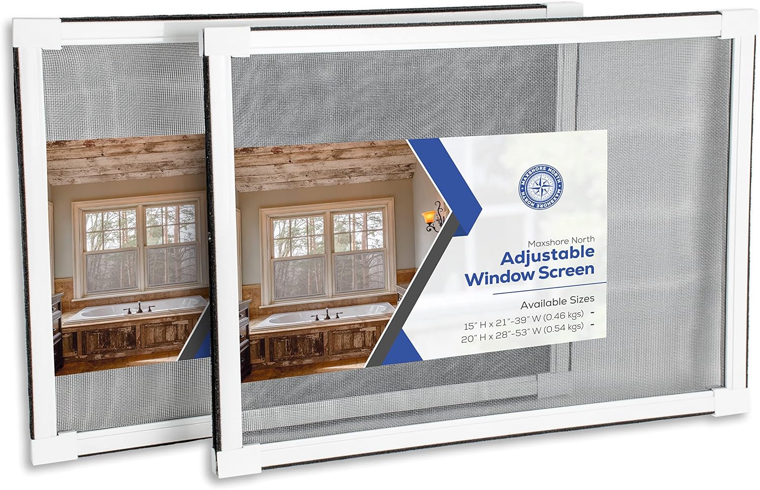 Maxshore North Adjustable Window Screen 20 H x 28-53 W inches - 2 Pack Extendable Powder Coated Aluminum Frame - Complete with Fiberglass Mesh Screen and Felt Weatherstripping