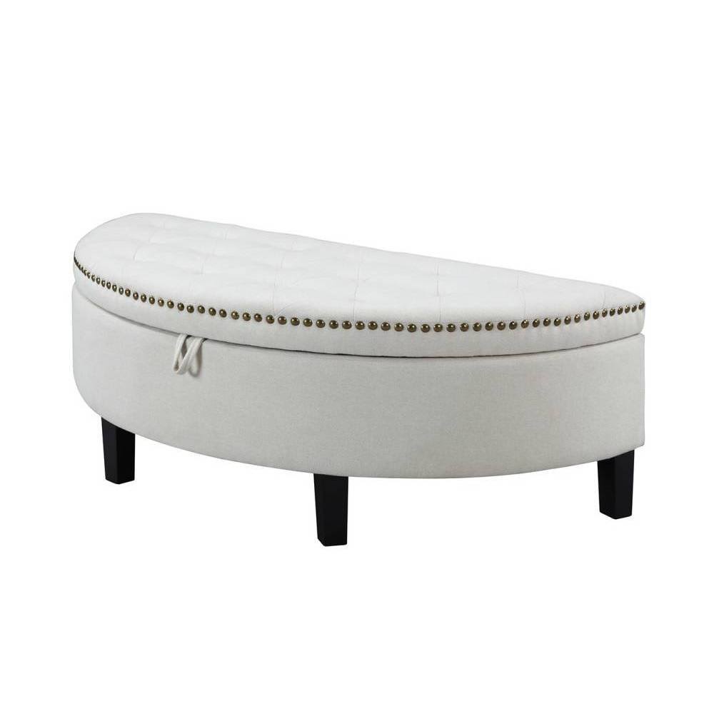 Chic Home Jacqueline Cream White Linen Button Tufted Gold Nailhead Trim Half Moon Storage Ottoman