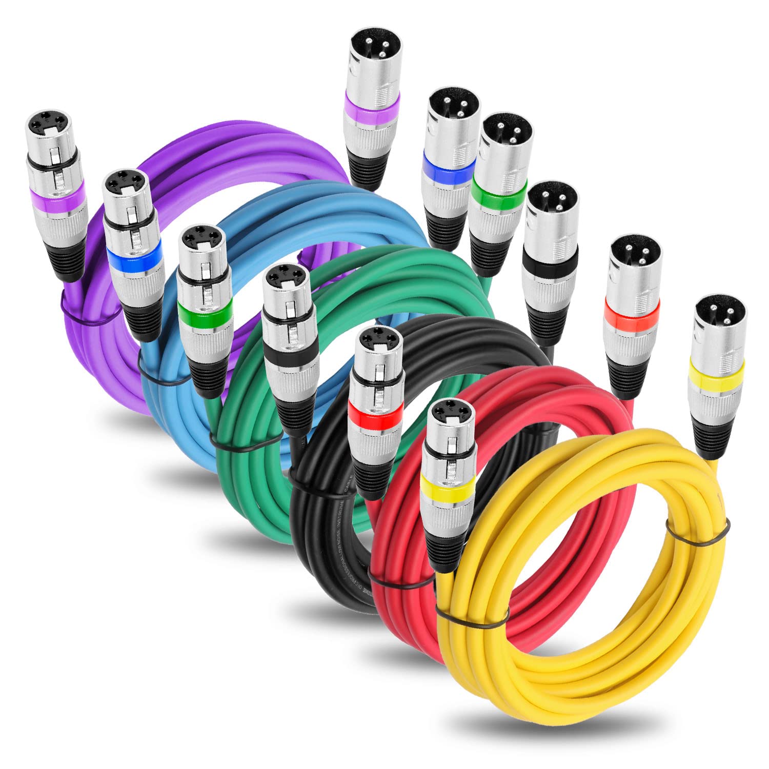 DREMAKE Colored XLR Microphone Cable, 6FT Male XLR 3-Pin to Female XLR 3-Pin Mic Cable, 6 Pack XLR Male to Female Audio Extension Cable, XLR to XLR Dynamic Mic Patch Cord for Karaoke, Sound System