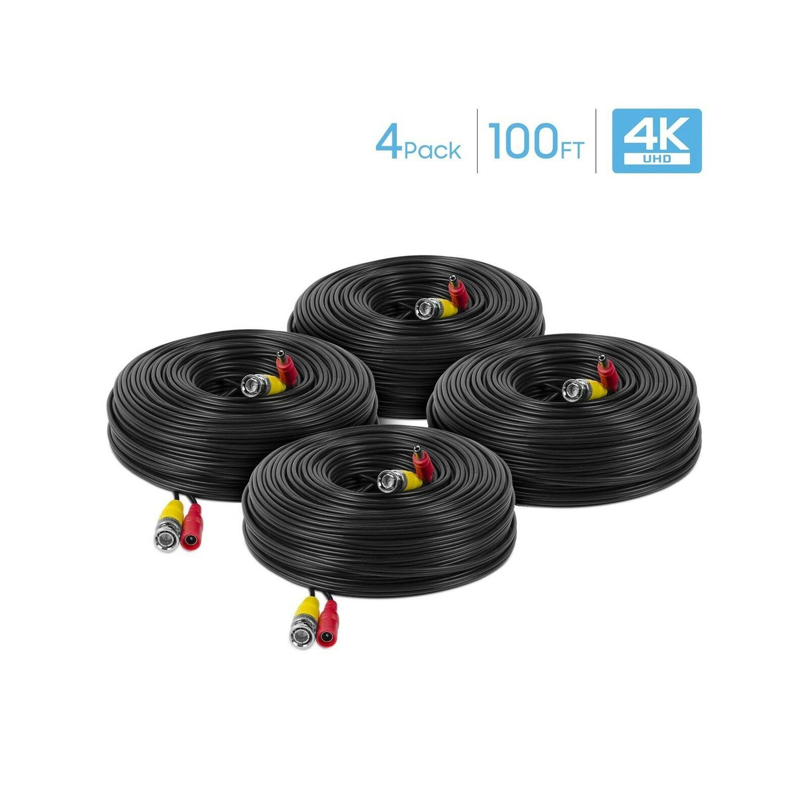 Amcrest 4-Pack 4K Security Camera Cable 100ft BNC Cable, Camera Wire Cctv, Pre-Made All-in-One Video and Power Cable for Securit