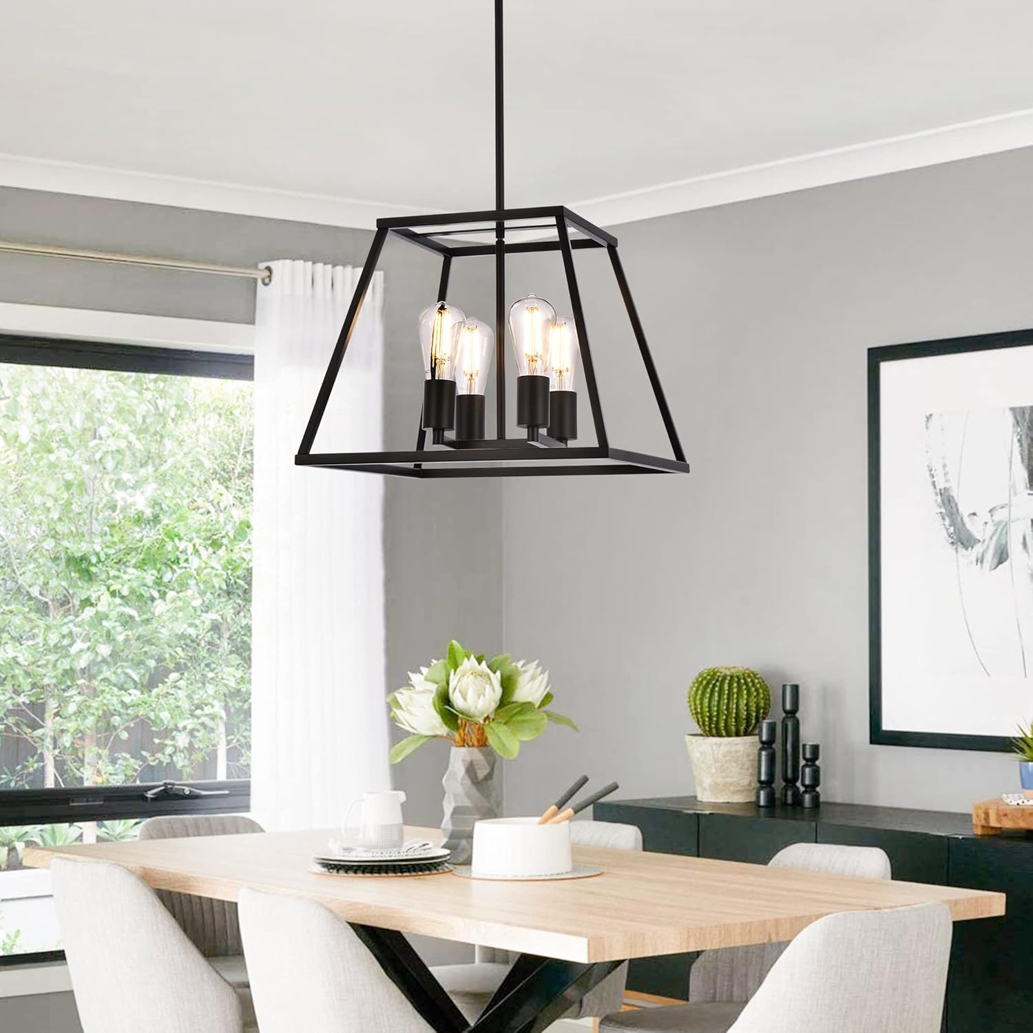 Luburs 4-Light Black Lantern Foyer Lighting Chandeliers, Farmhouse Lantern Pendant Light with Height Adjustable Pole, Black Pendant Light is Used for Kitchen Island Dining Room Hallway Foyer Entryway