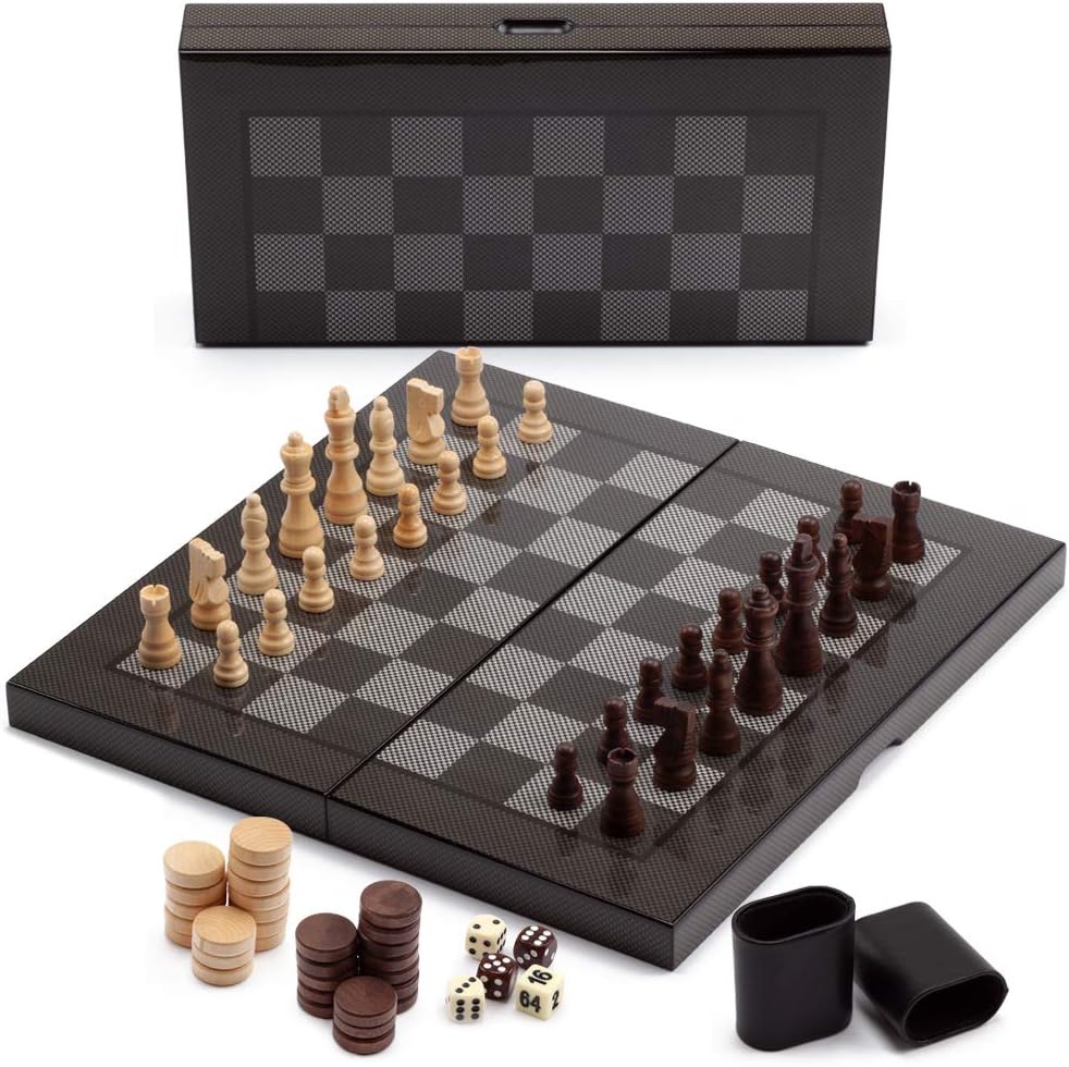 Deluxe 3-in-1 Wooden Folding Chess, Checker and Backgammon Board Game Combo Set (Carbon Fiber Tech)