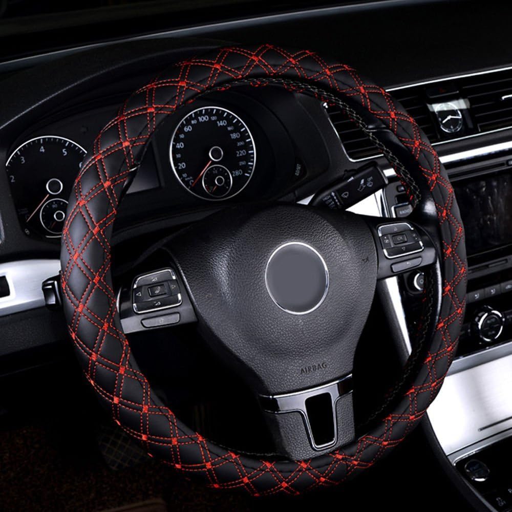 Rayauto 15inch Odorless Quilted Stitching Pattern Leather Car Steering Wheel Cover-Black with red