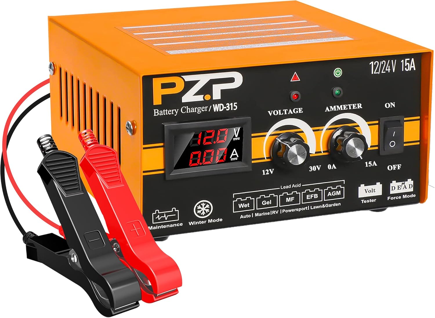 PZ.P 0-15A 12V/24V Manual Battery Charger Automotive 12/24 Volt Car Truck Boat Auto Battery Charger Maintainer Trickle Charger for Marine Deep Cycle Lead Acid Agm Batteries