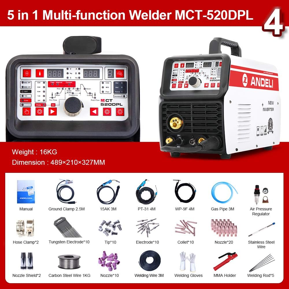 ANDELI 220V MCT-520DPL MIG TIG CUT COLD & MMA MIG Welding and Flux Welding without Gas Cold Welder 5 in 1 Multiprocess Welder MIG Welding Machine (MIG CUT TIG & MMA SUIT)