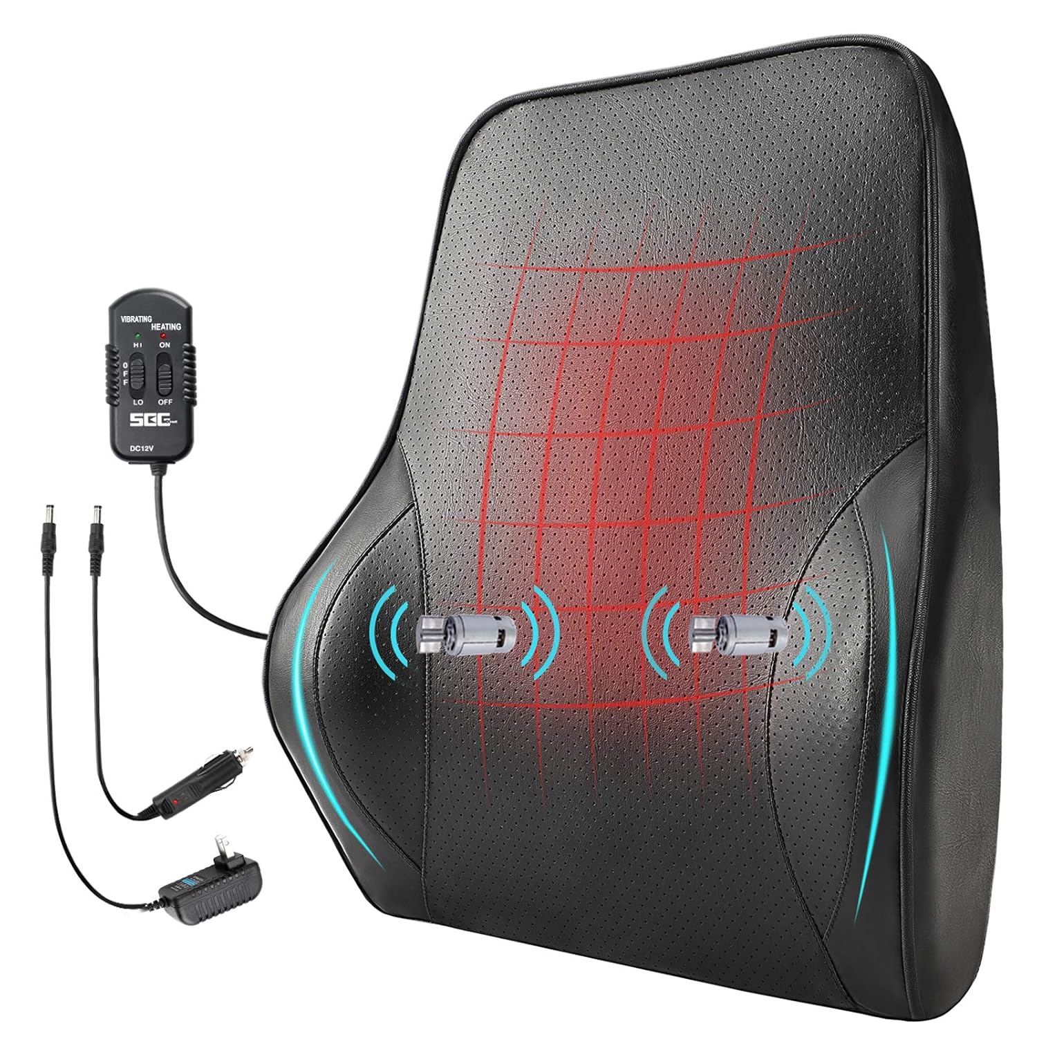 SEG Direct Lumbar Support Pillow, Back Cushion with Vibrating Motors for Back Pain Relief, Premium Memory Foam With Breathable Leather, Suitable for Car Seat and Home Office Chair