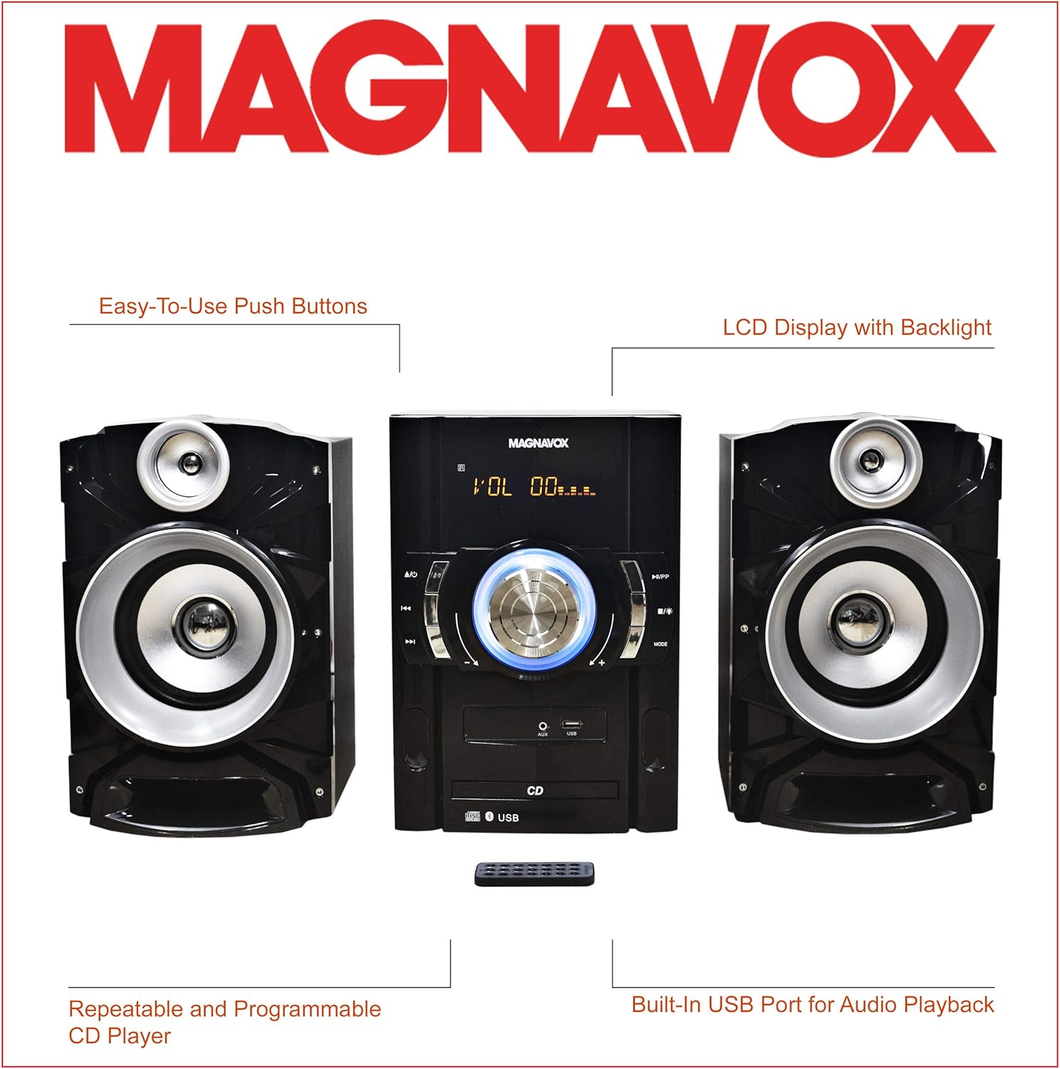 Magnavox MM440 3-Piece CD Shelf System with Digital PLL FM Stereo Radio, Bluetooth Wireless Technology, and Remote Control in Black | Blue Colored Lights | LED Display | AUX Port Compatible |