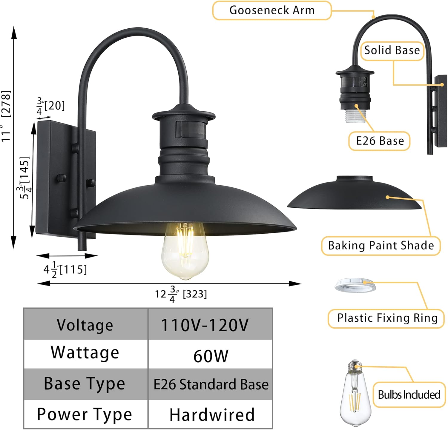 Untrammelife Dusk to Dawn Gooseneck Outdoor Barn Lights,2 Pack Farmhouse Exterior Porch Light Fixtures Waterproof Matt Black Outdoor Motion Sensor Light for Garage Doorway, Bulbs Included