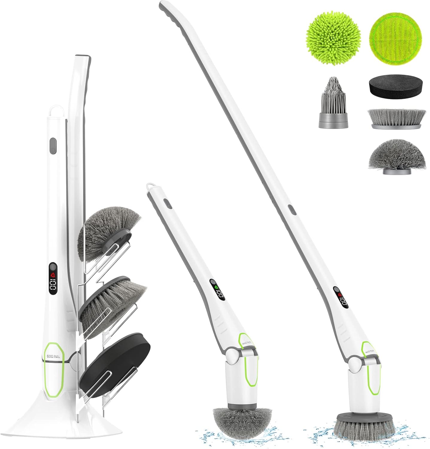GOOD PAPA Electric Spin Scrubber, Floor Shower Power Scrubber Cleaning Brush with Long Handle 2 Speed HD LED Display, 6 Replaceable Brush Heads Cleaning for Kitchen, Bathroom, Floor, Tile, Bathtub