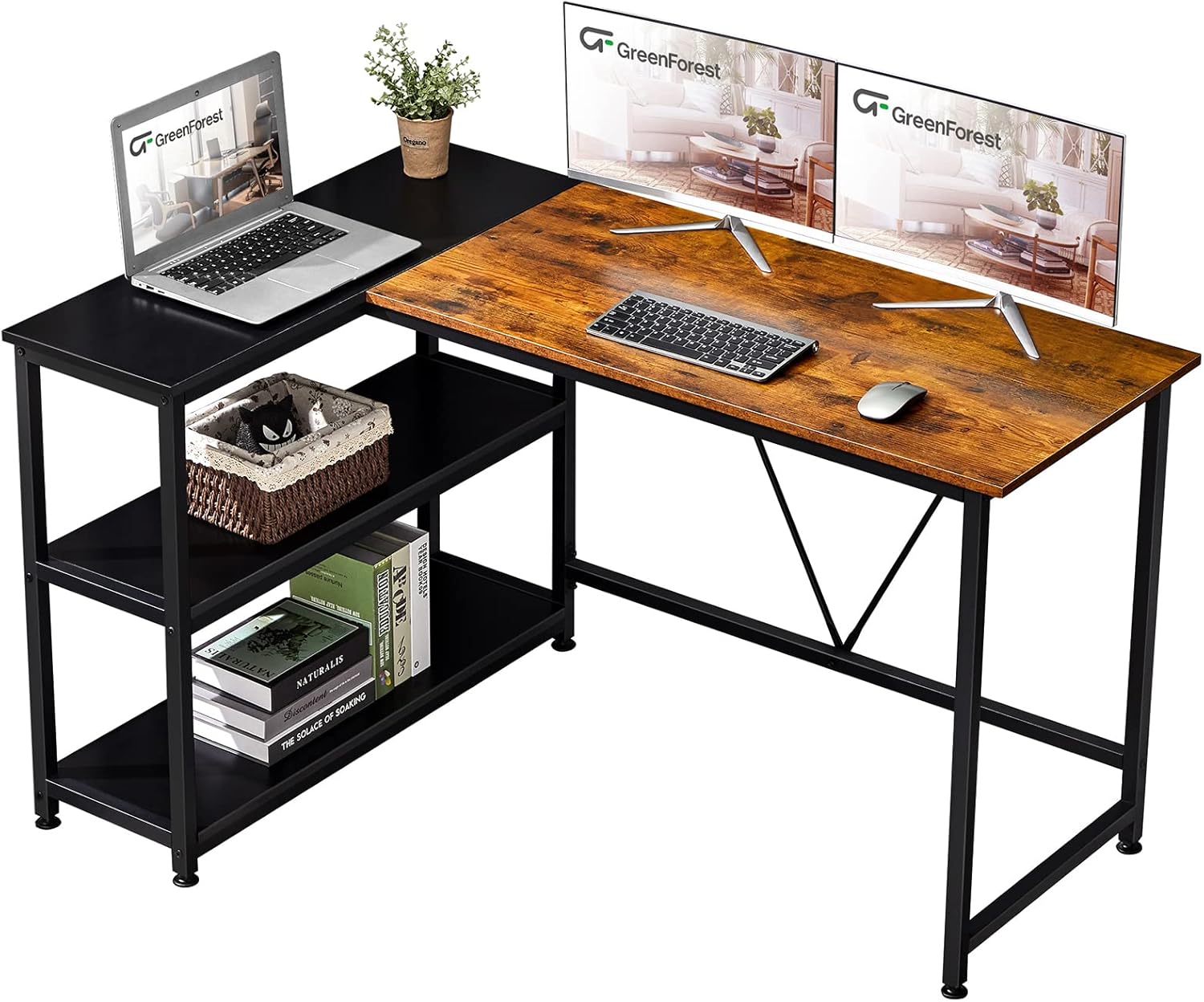 GreenForest L Shaped Desk 51x35.4 inch Corner Computer Desk with Reversible Storage Shelf Saving Space Gaming Desk Study Writing Table for Home Office Workstation Laptop Table, Rustic Brown and Black