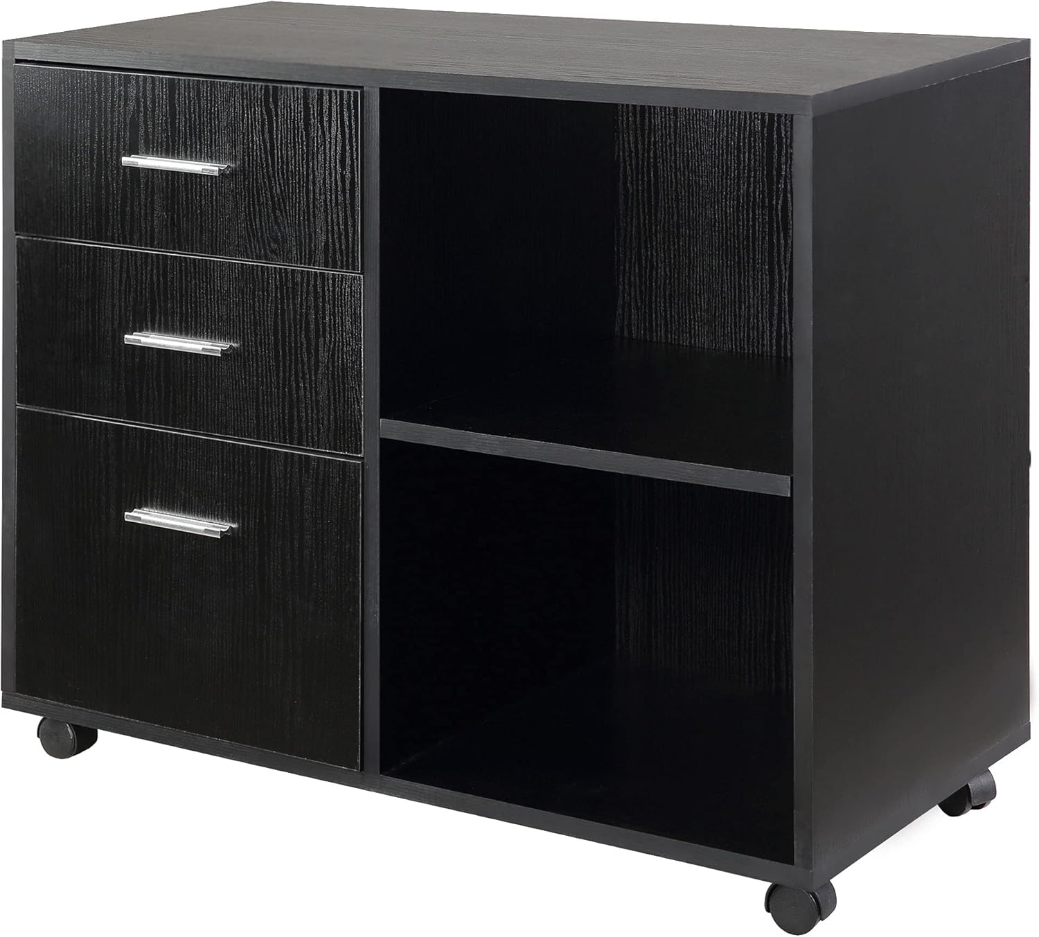 HOMCOM Indoor Office Filing Cabinet with 3 Storage Drawers, Open Shelving, & 4 Caster Wheels for Easy Rolling, Black