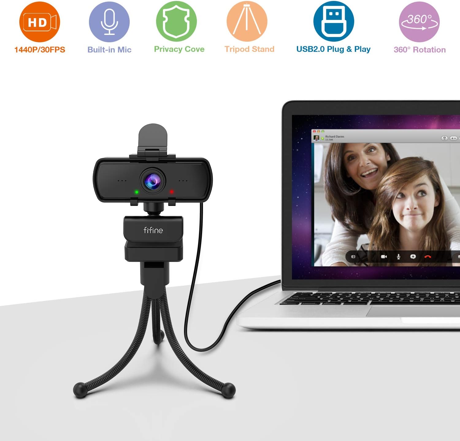 Fifine Webcam 1440P, 2K Computer Web Camera with Privacy Cover & Tripod for Laptop Desktop, Plug & Play 4MP HD USB PC Webcam with Built-in Mic for Streaming Recording Video Calling-K420 Pack of 2