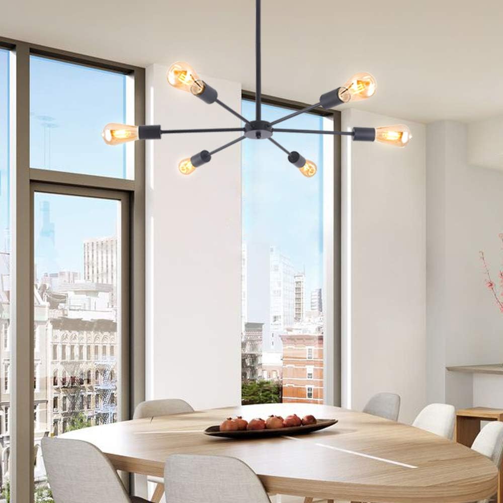 LMSOD 6 Lights Modern Industrial Sputnik Chandelier, Black Semi Flush Mount Mid Century Ceiling Pendant Lighting Fixtures for Kitchen Dining Room Bedroom Hallway