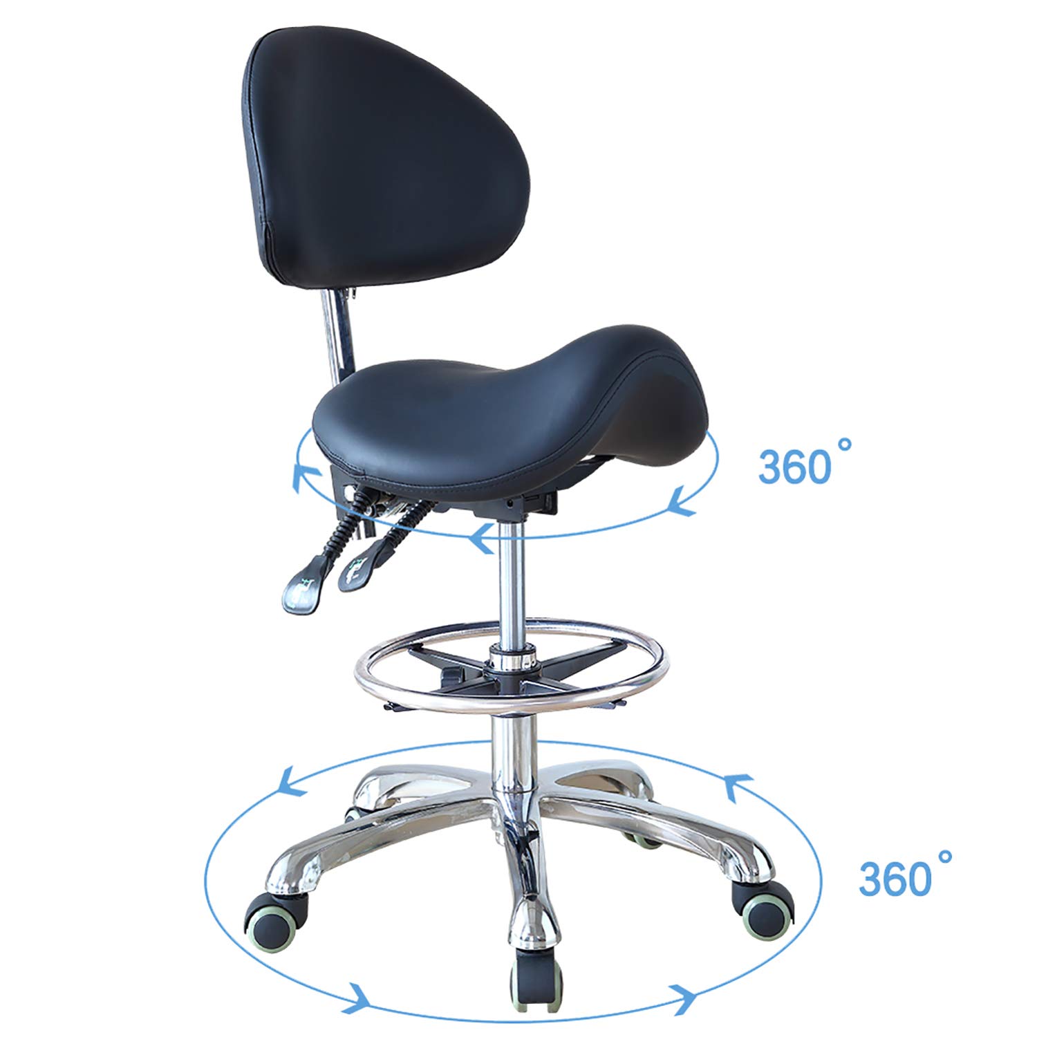 Saddle Stool Rolling Chair with Back Support Ergonomic Seat Hydraulic Adjustable with Footrest for Home Office Dental Salon Shop Use(FOHGFNT),Black