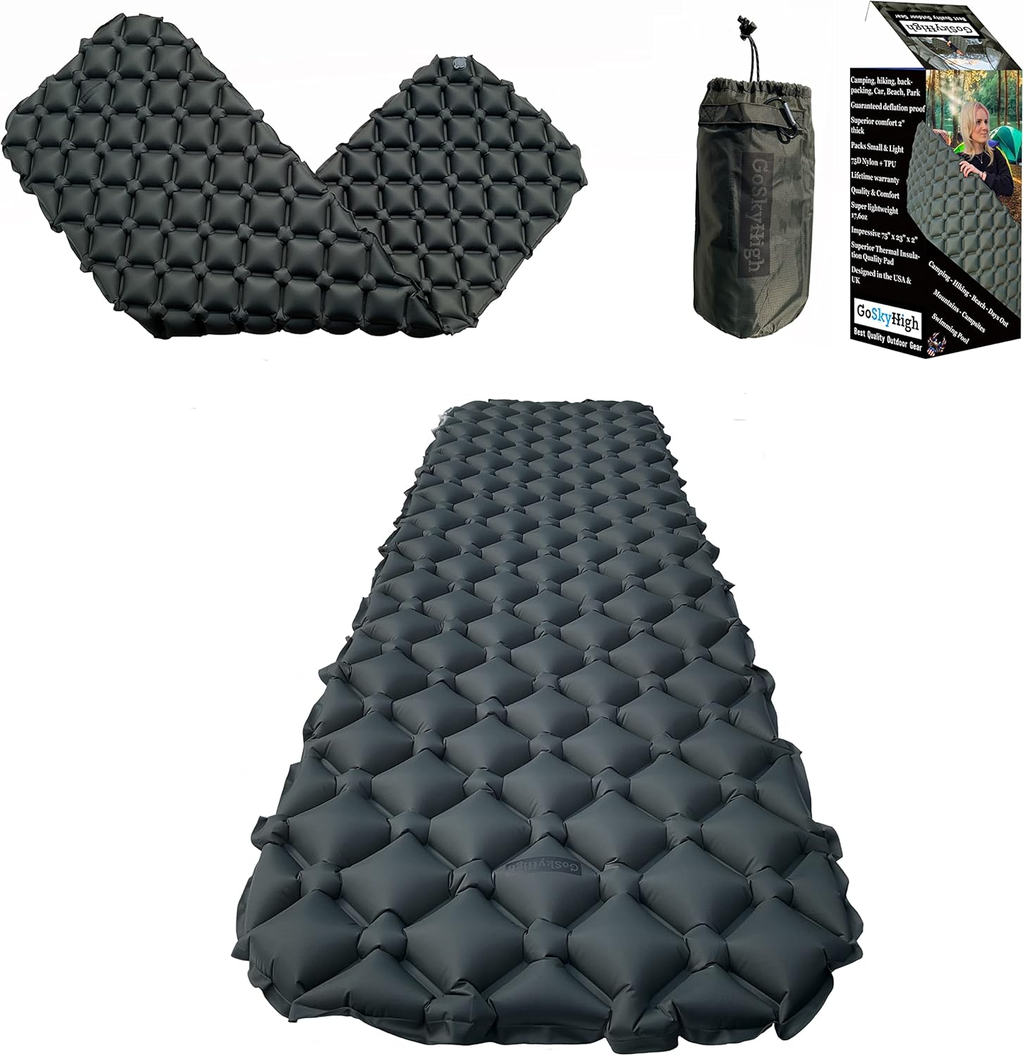 GoSkyHigh Professional 75D Reinforced Insulated Backpacking Sleeping Pad &ndash; Ultralight Mat for Camping, Backpack, Beach, Hiking, Traveling, Tent, Lightweight Inflatable, Waterproof Camping Air Mattress