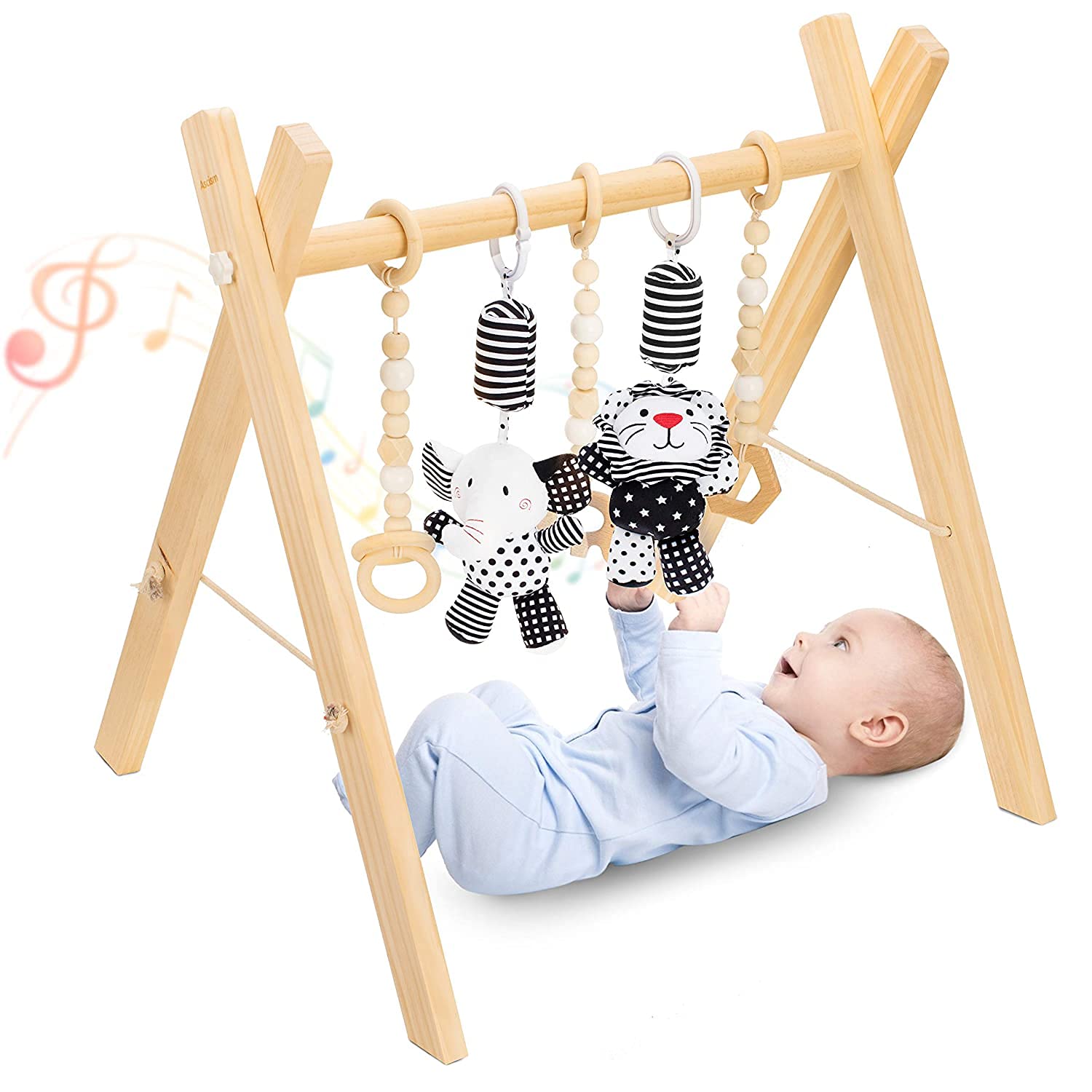 Foldable Wooden Baby Play Gym+Animal Sensory Hanging Rattle Toys(2 PCS)+Baby Teething Toys(3 PCS), with Babies Visual/Cognitive/Sensory Stimulation-for Babies 0-12 Month Pack of 2