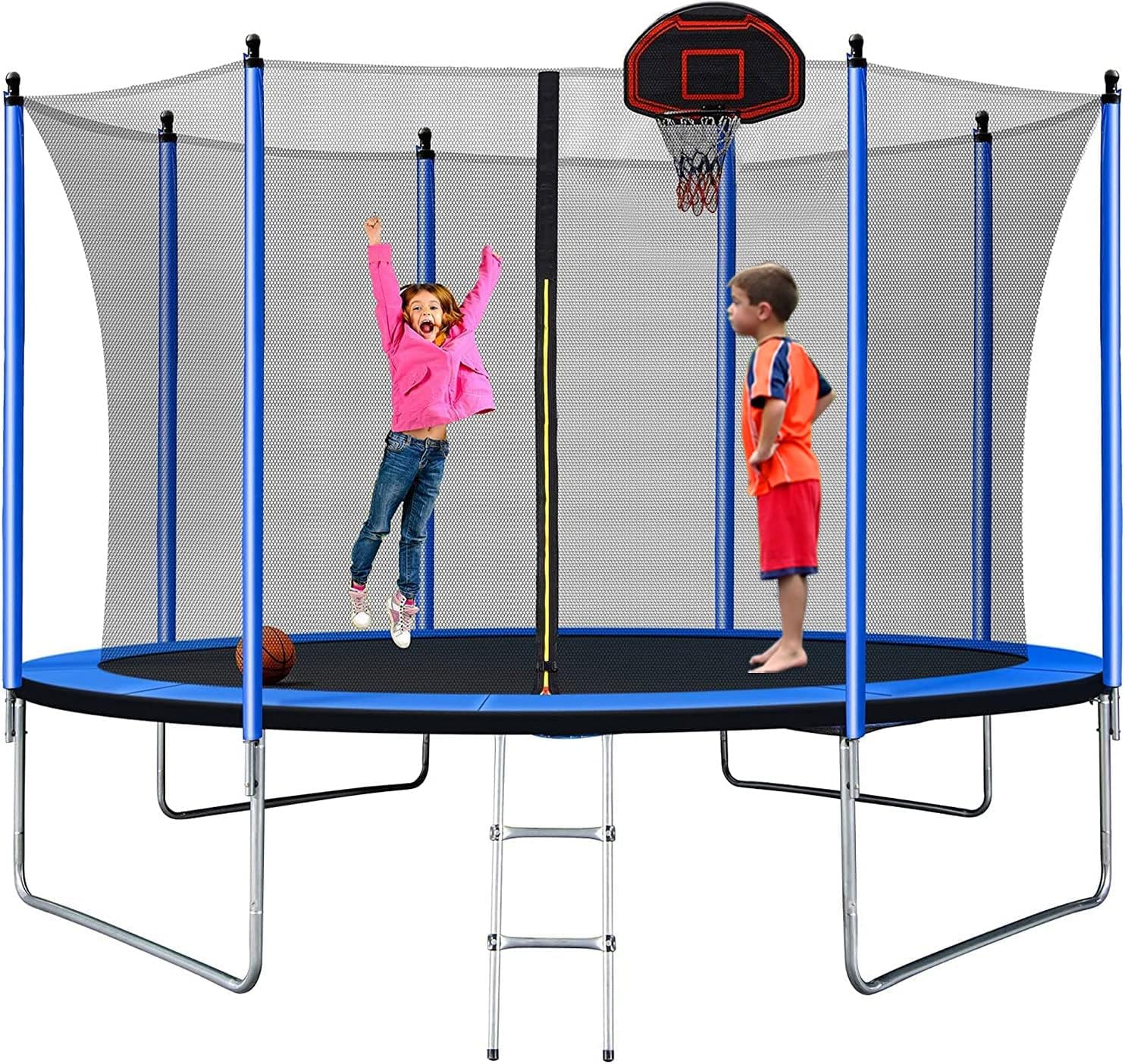 Tranpoline - 10FT 12FT 14FT 15FT 16FT Tranpoline with Enclosure Net for Kids Adults, Outdoor Tranpoline with Basketball Hoop and Ladder, Backyard Recreational Tranpoline with Jump Mat and Spring Pad
