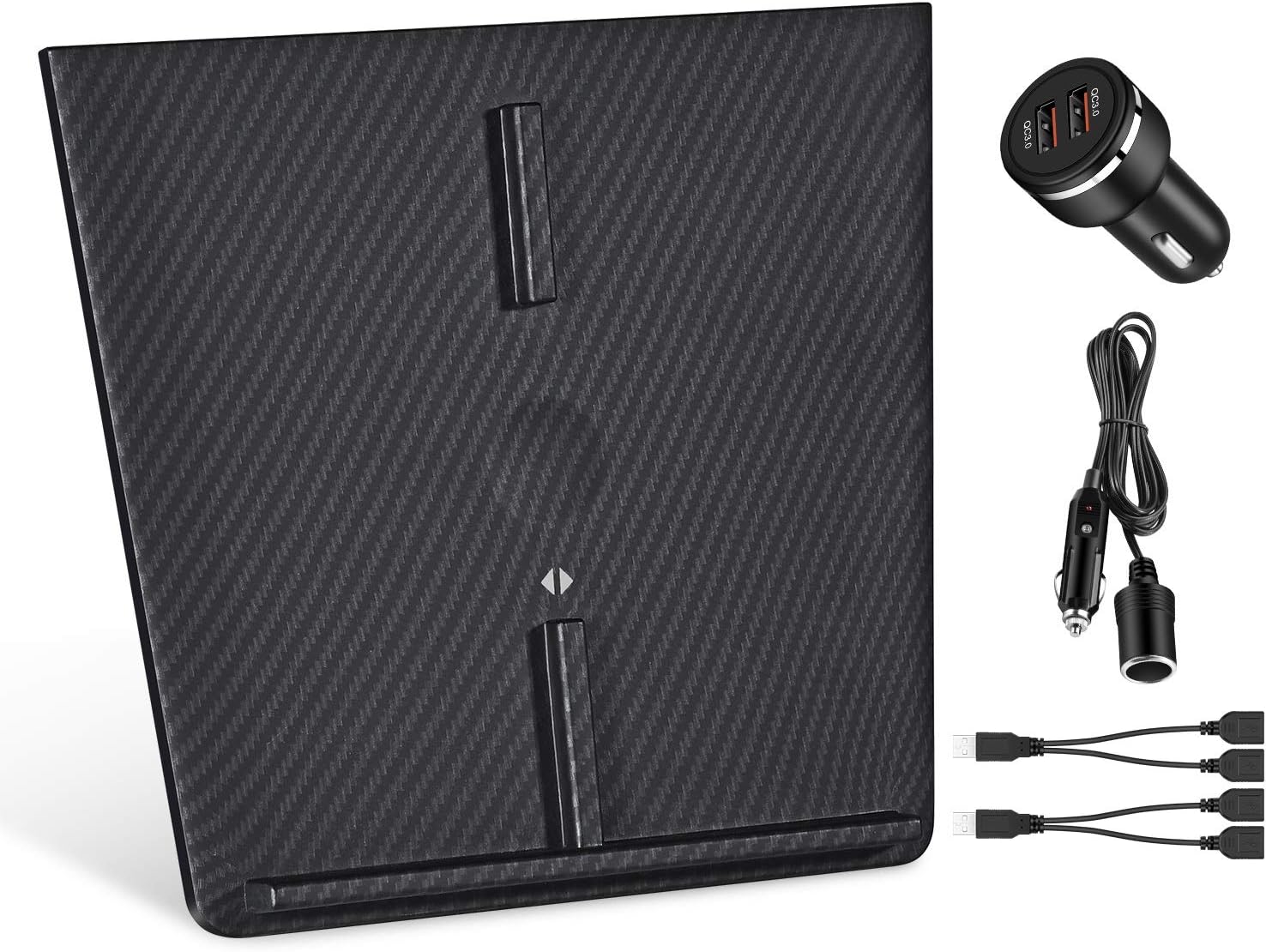 Tesla Wireless Phone Charger, 20W Max Model 3 Wireless Charging pad,Equipped with Dual QC3.0 Car Charger and 2 USB Splitters, Carbon Fiber Texture Pack of 2