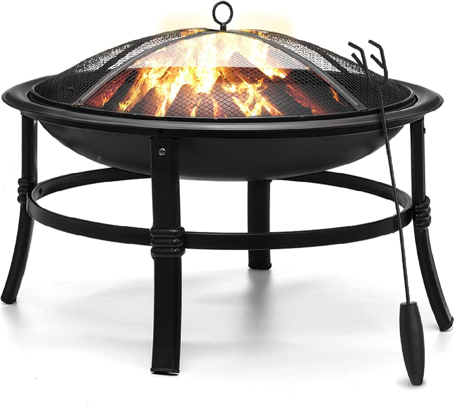 26'' Fire Pit Wood Burning fire Pit Outdoor Fire Pits Steel BBQ Grill Firepit Bowl with Mesh Spark Screen Cover Log Grate Wood Fire Poker for Camping Picnic Garden Backyard Bonfire Patio Beaches