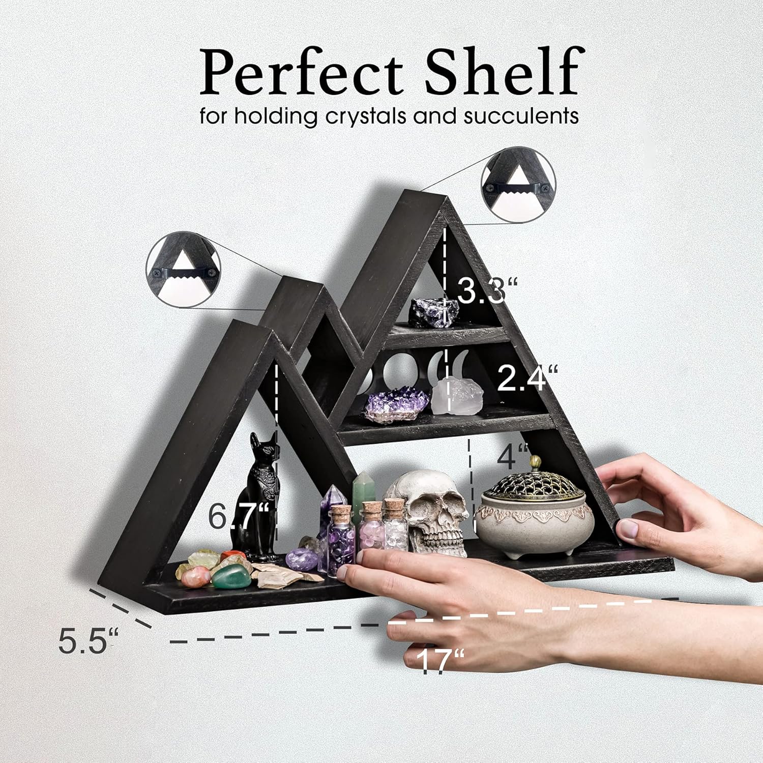 Crystal Display Shelf for Stones, Oils & More - Stylish Black Crystal Shelf Display Holder - Mountain Shelf Home Witchy Room Decor & Moon Phase Design - Versatile Wall or Surface Placement Pack of 2