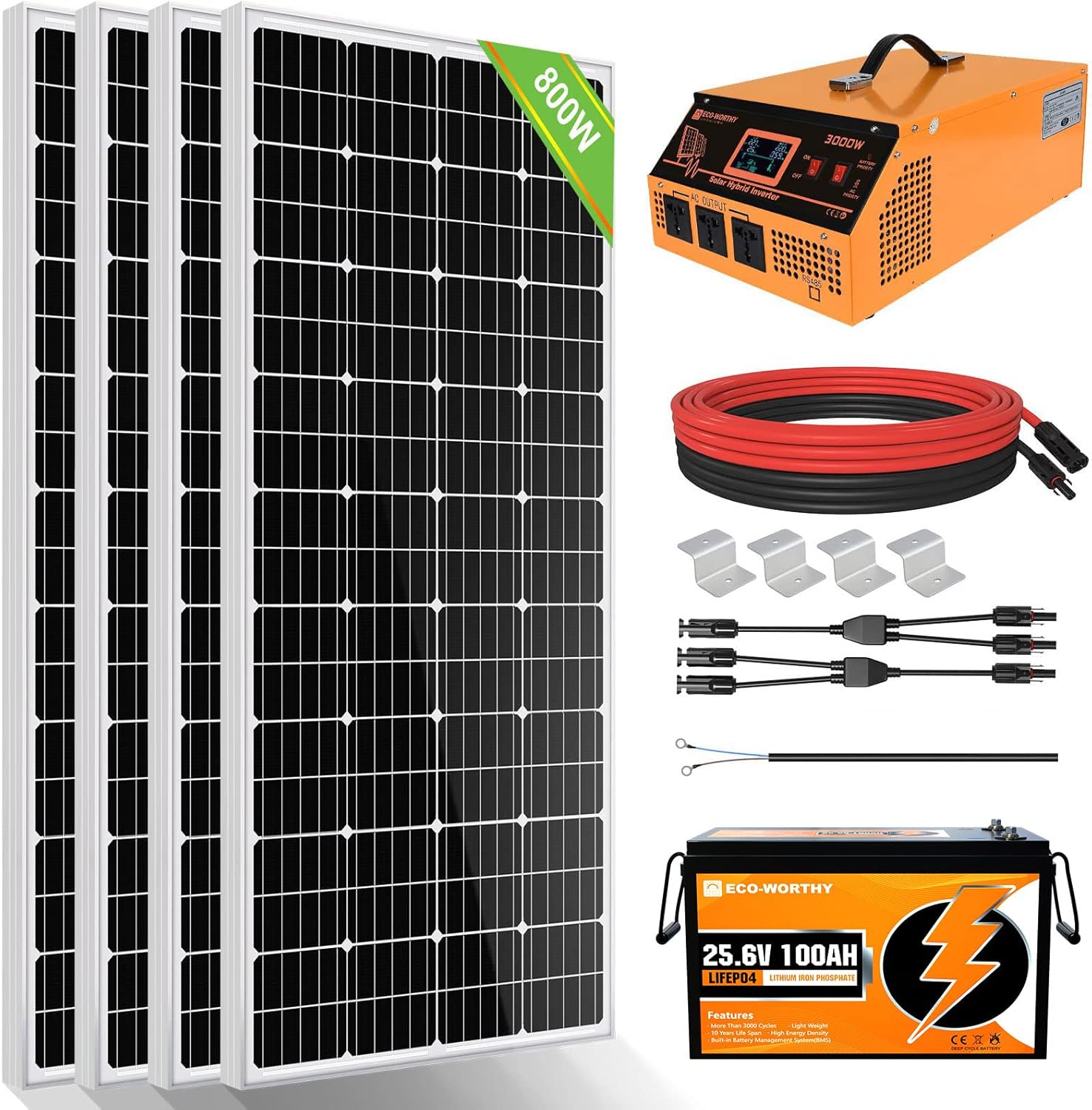 ECO-WORTHY 800 Watts Solar Panel Off Grid RV Boat Kit: 8pcs 100W Solar Panels + 60A PWM Charger Controller + 16Ft Solar Cable + Z Mounting Brackets&hellip;