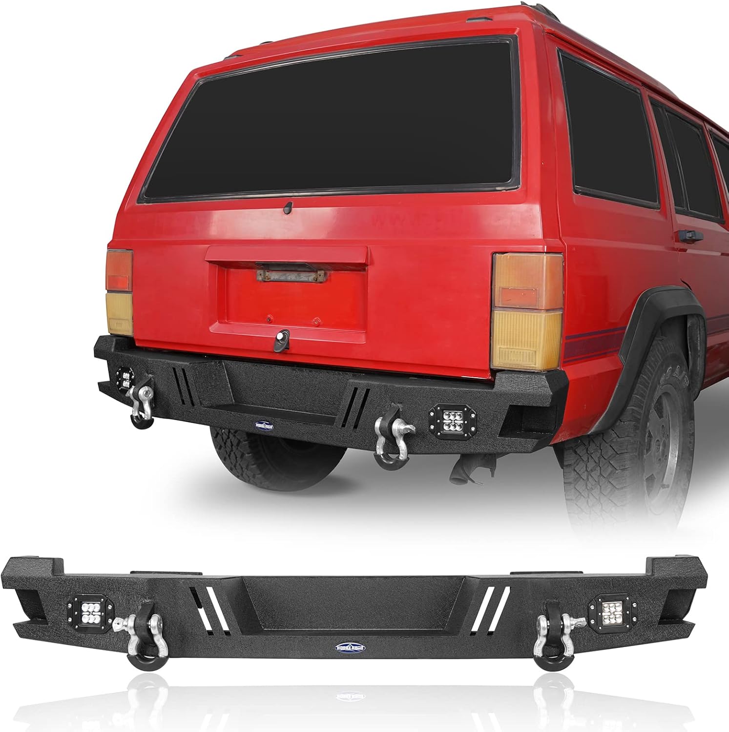 Hooke Road Cherokee XJ Steel Back Bumper Rear Step Bumper w/2 &times;18W LED Lights & D-Rings for Jeep Cherokee XJ 1984-2001