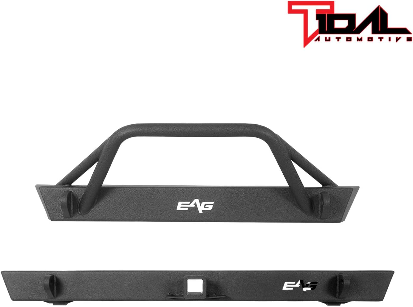 Tidal Black Steel Front Bumper and Rear Bumper with Hitch Receiver Combo Fit for 87-06 Wrangler TJ YJ