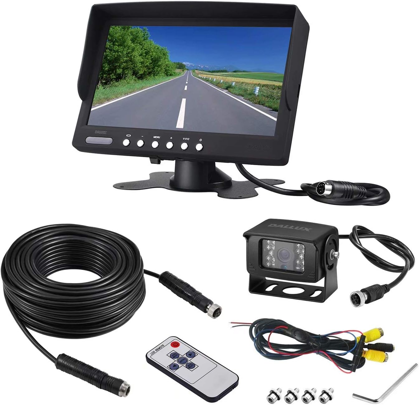 DALLUX Vehicle Backup Camera kit,Rearview Camera cab cam with 7 inch Monitor+ 4 PIN Camera Cable for Bus/Truck/Van/Trailer/ RV/ Camper/ Motor Home/Pickup/Heavy Duty Vehicle(12V-24V)