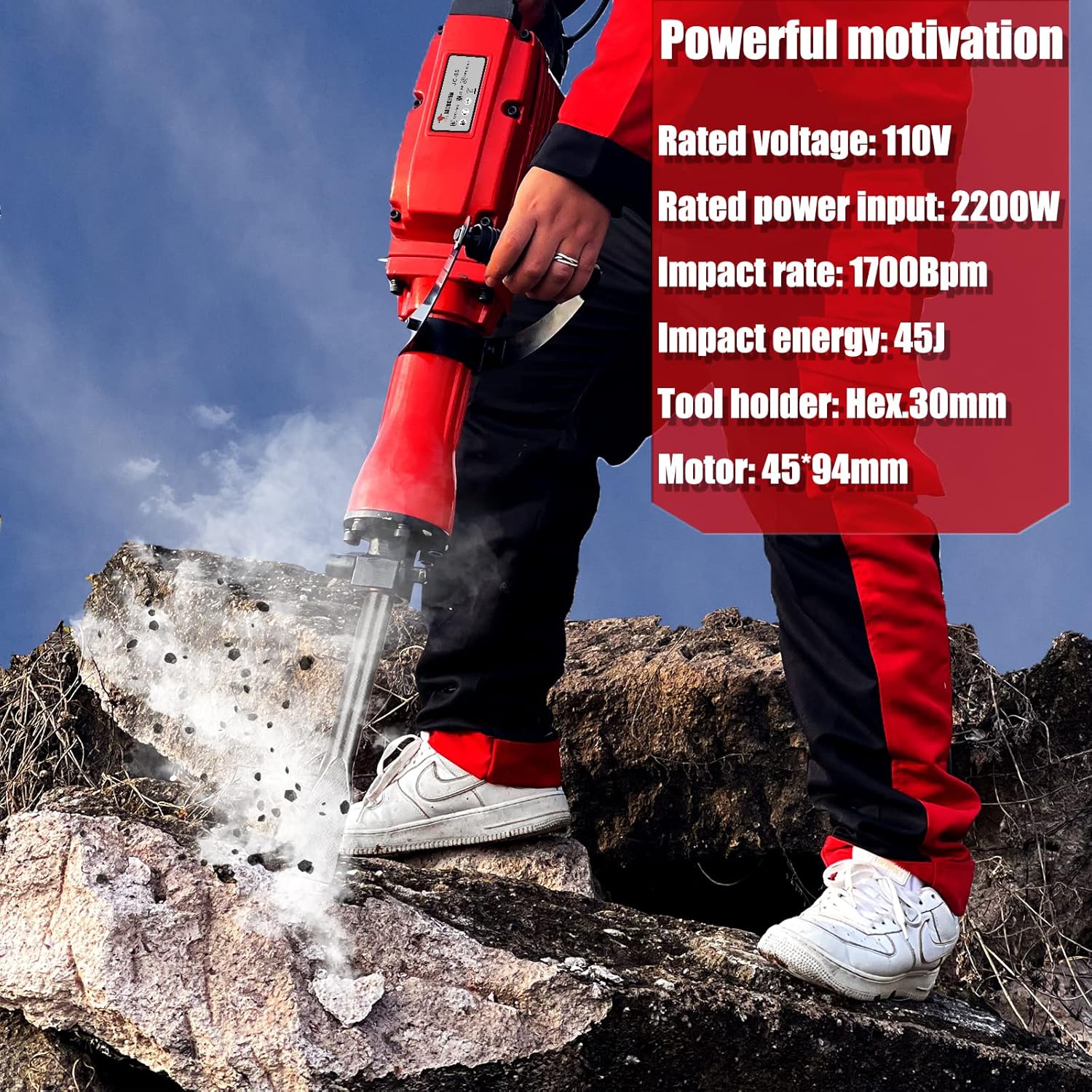 JACKCHEN 2200W Demolition Electric Jack Hammer Concrete Breaker Power Hammer, Heavy Duty Concrete Breaker Demolition Drills with Flat Chisel, Bull Point Chisel, Flat Chisel, U Chisel and Gloves