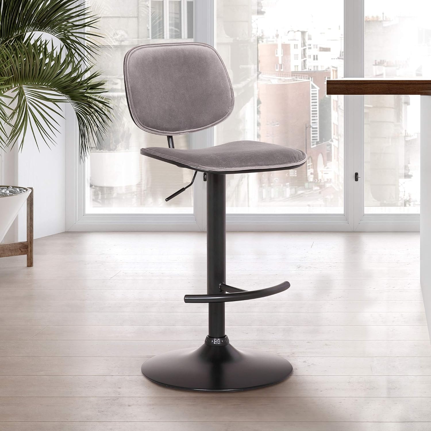 Armen Livng Nancy Adjustable Gray Velvet Swivel Barstool in Black Powder Coated Finish