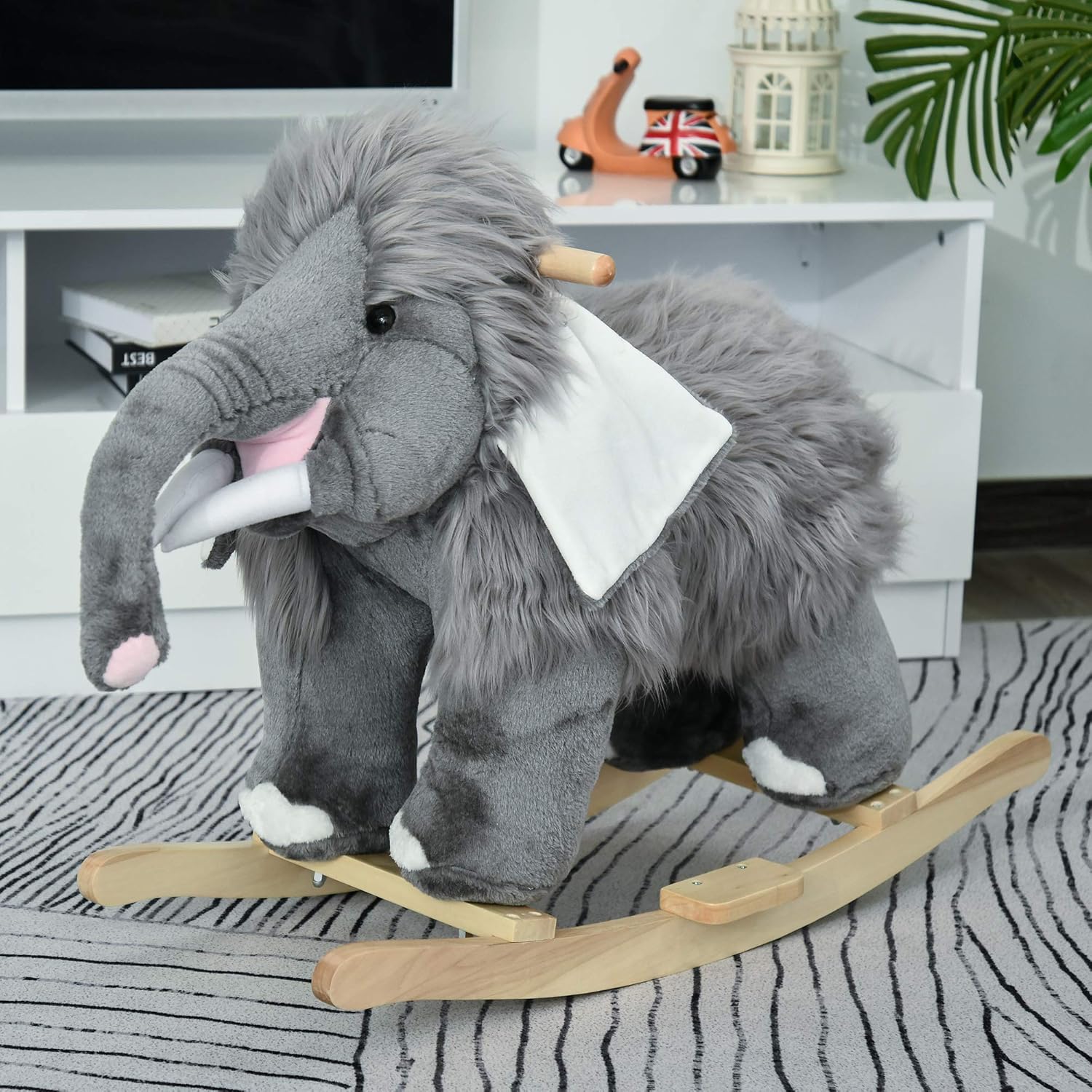 Qaba Kids Ride-On Rocking Horse Toy Mammoth Style Rocker with Fun Music & Soft Plush Fabric for Children 18-36 Months Pack of 2