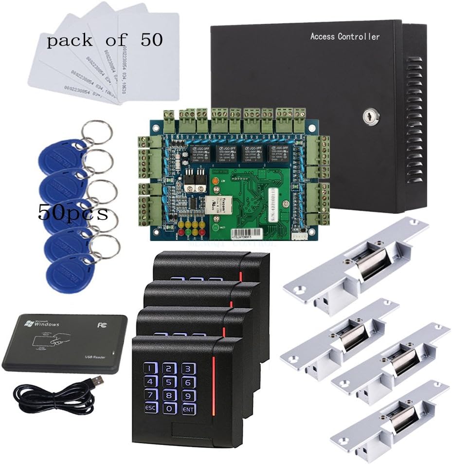 110V Security Network Door Access Control Board Kit Metal Power Box for 4 Doors Fail Secure Strike Lock RFID Password Reader Key Cards